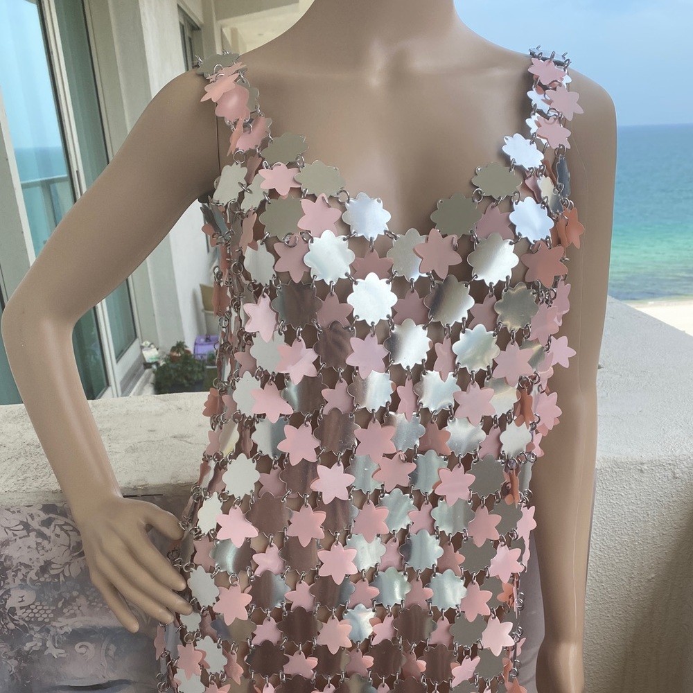 Paco Rabanne Pink and Silver Floral Mini Dress